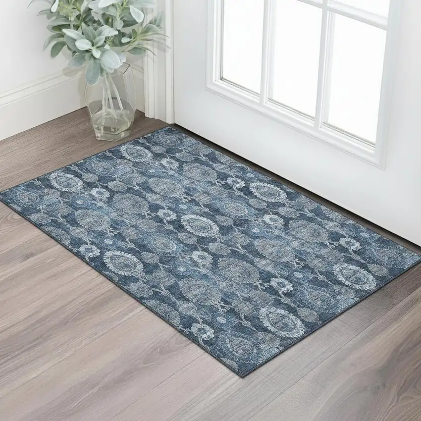 Navy Blue And Gray Damask Washable Area Rug With UV Protection Photo 1