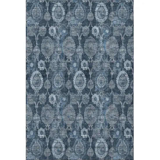Navy Blue And Gray Damask Washable Area Rug With UV Protection Photo 3