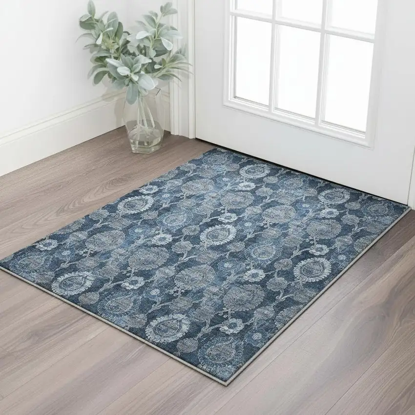Navy Blue And Gray Damask Washable Area Rug With UV Protection Photo 2