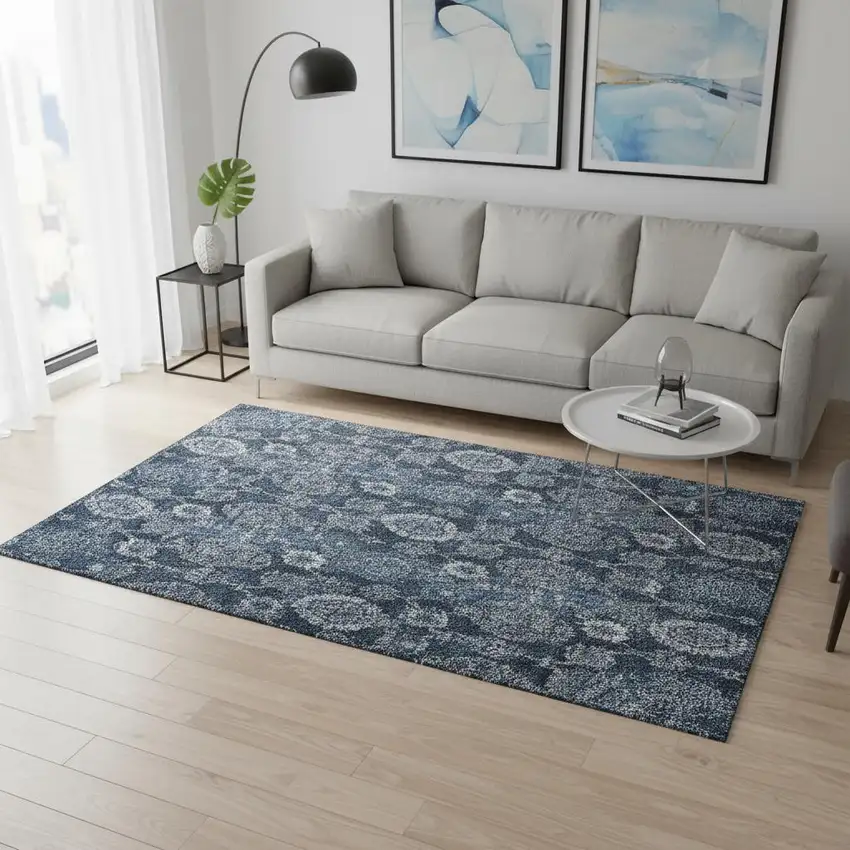 Navy Blue And Gray Damask Washable Area Rug With UV Protection Photo 2