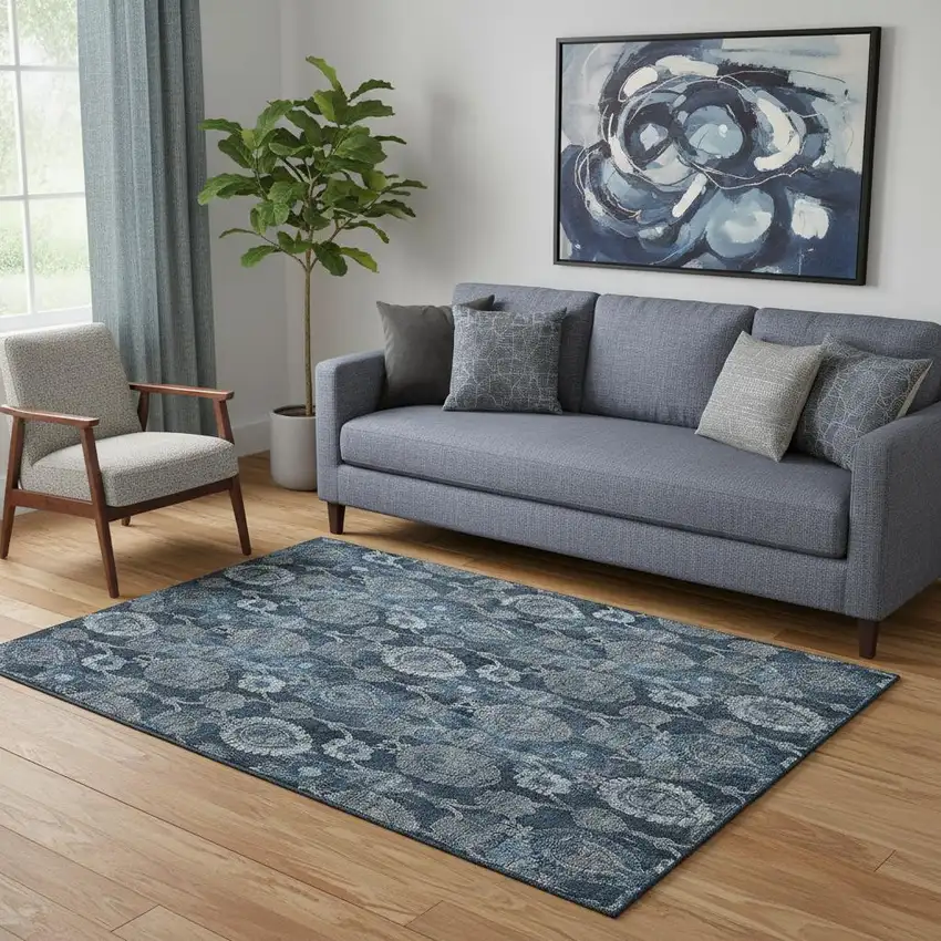 Navy Blue And Gray Damask Washable Area Rug With UV Protection Photo 1