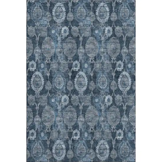 Navy Blue And Gray Damask Washable Area Rug With UV Protection Photo 1