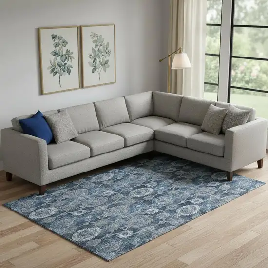 Navy Blue And Gray Damask Washable Area Rug With UV Protection Photo 1