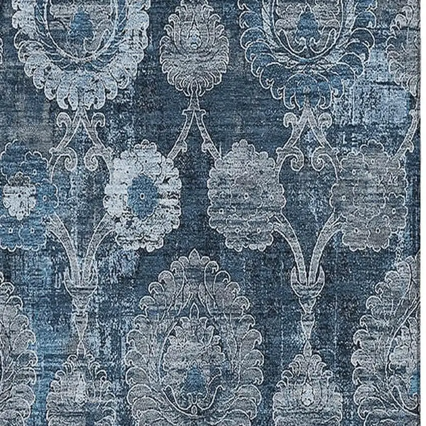 Navy Blue And Gray Damask Washable Area Rug With UV Protection Photo 3