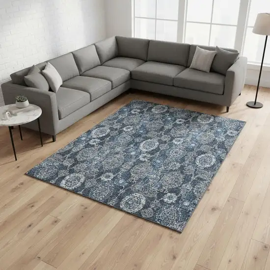 Navy Blue And Gray Damask Washable Area Rug With UV Protection Photo 2