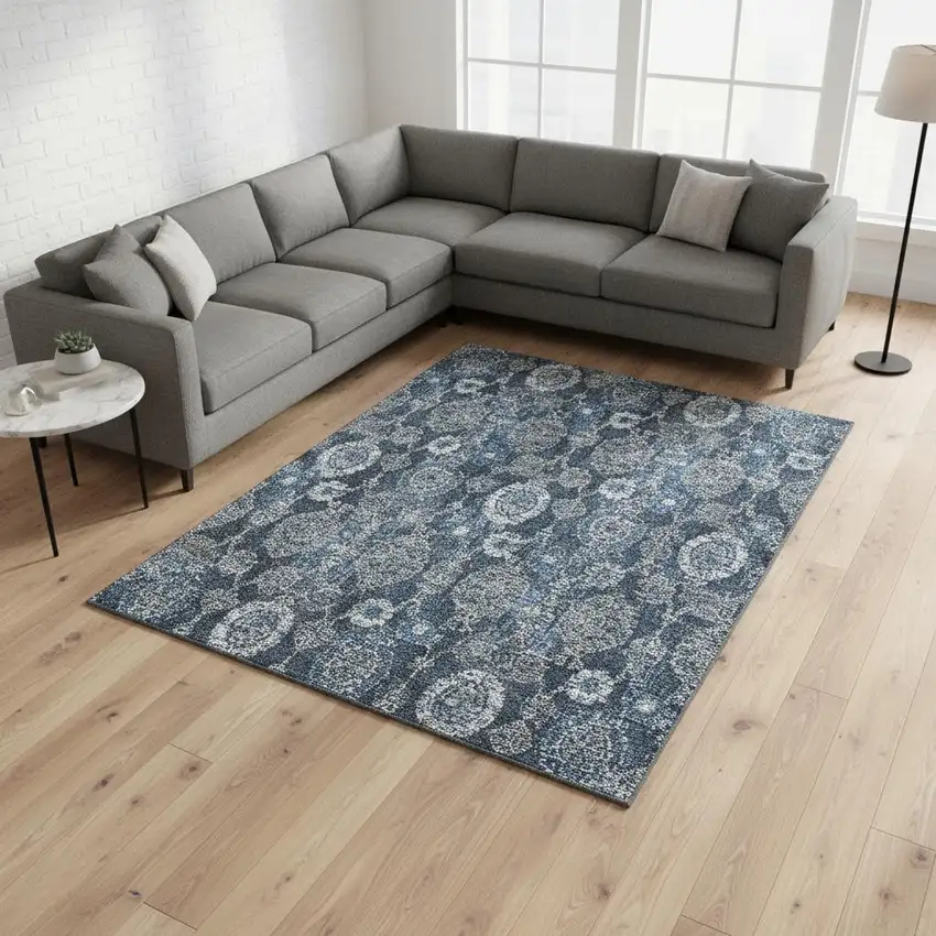 Navy Blue And Gray Damask Washable Area Rug With UV Protection Photo 2