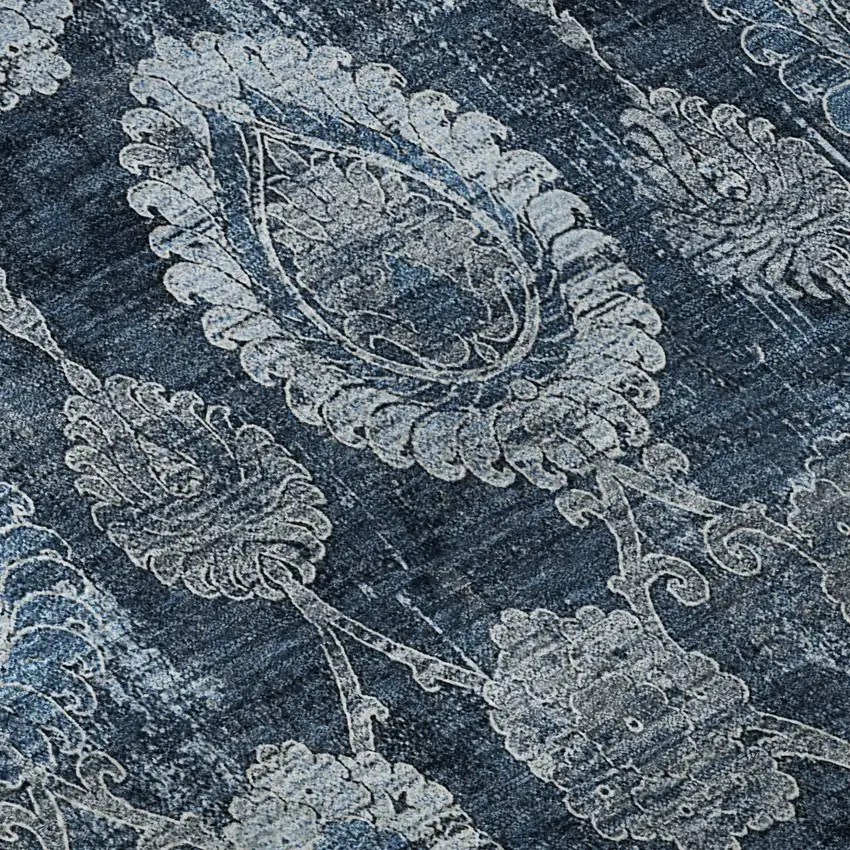 Navy Blue And Gray Damask Washable Area Rug With UV Protection Photo 9