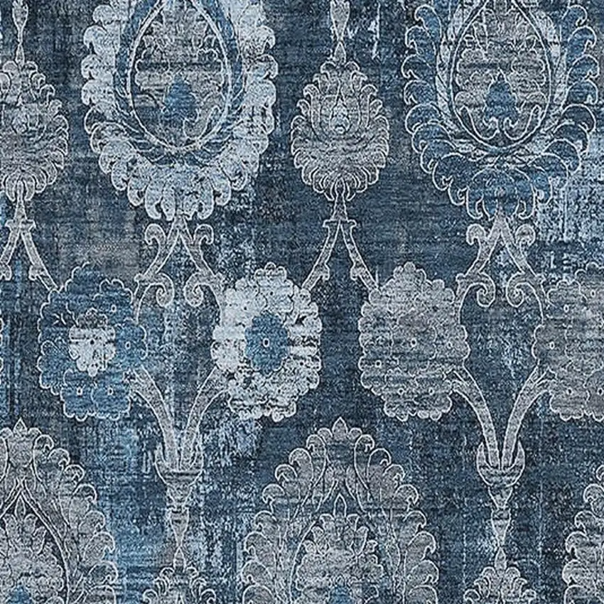Navy Blue And Gray Damask Washable Area Rug With UV Protection Photo 3