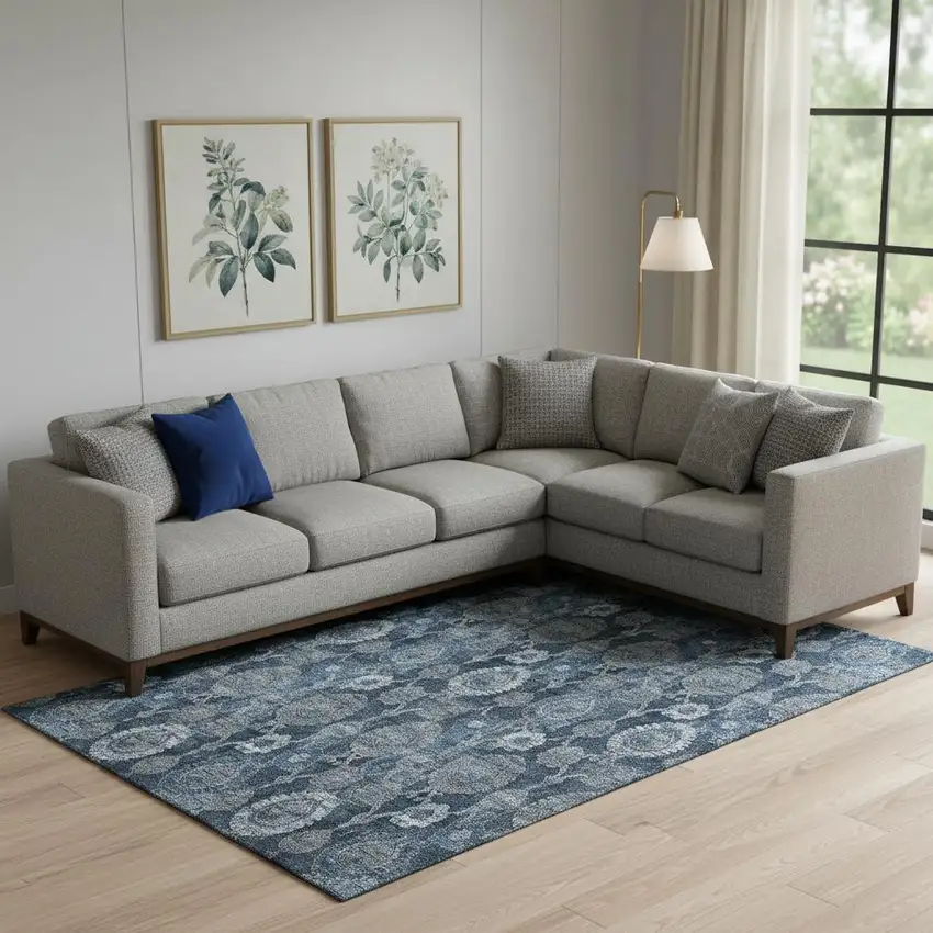 Navy Blue And Gray Damask Washable Area Rug With UV Protection Photo 1