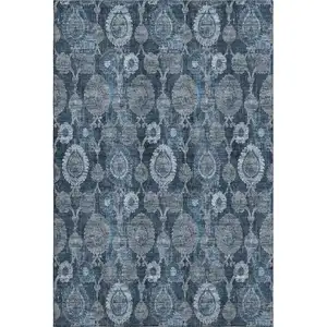 Photo of Navy Blue And Gray Damask Washable Area Rug With UV Protection