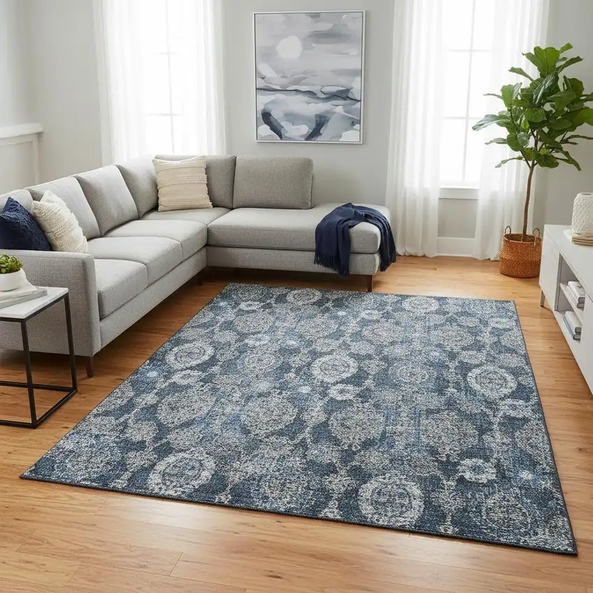 Navy Blue And Gray Damask Washable Area Rug With UV Protection Photo 2
