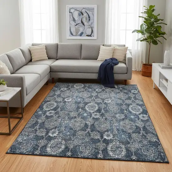 Navy Blue And Gray Damask Washable Area Rug With UV Protection Photo 2