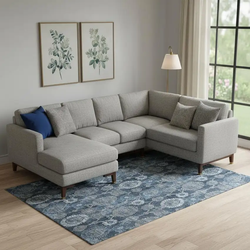 Navy Blue And Gray Damask Washable Area Rug With UV Protection Photo 1