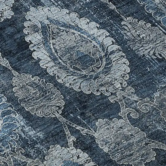 Navy Blue And Gray Damask Washable Area Rug With UV Protection Photo 9