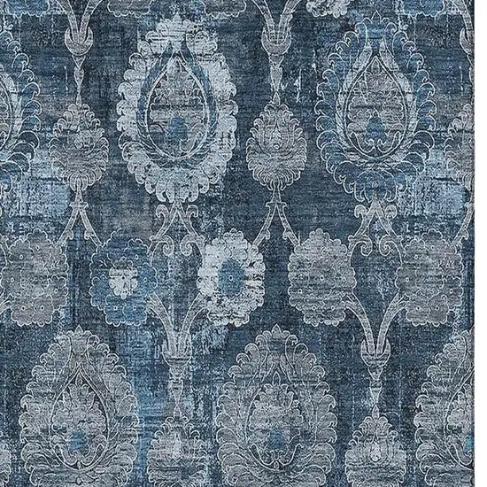Navy Blue And Gray Damask Washable Area Rug With UV Protection Photo 4