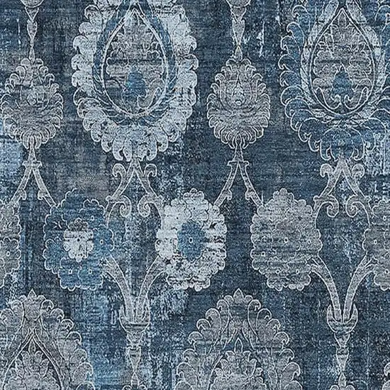 Navy Blue And Gray Damask Washable Area Rug With UV Protection Photo 3