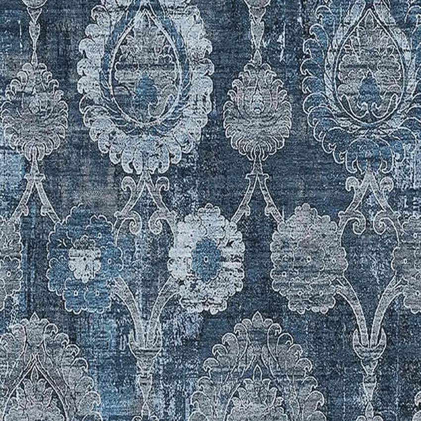 Navy Blue And Gray Damask Washable Area Rug With UV Protection Photo 3
