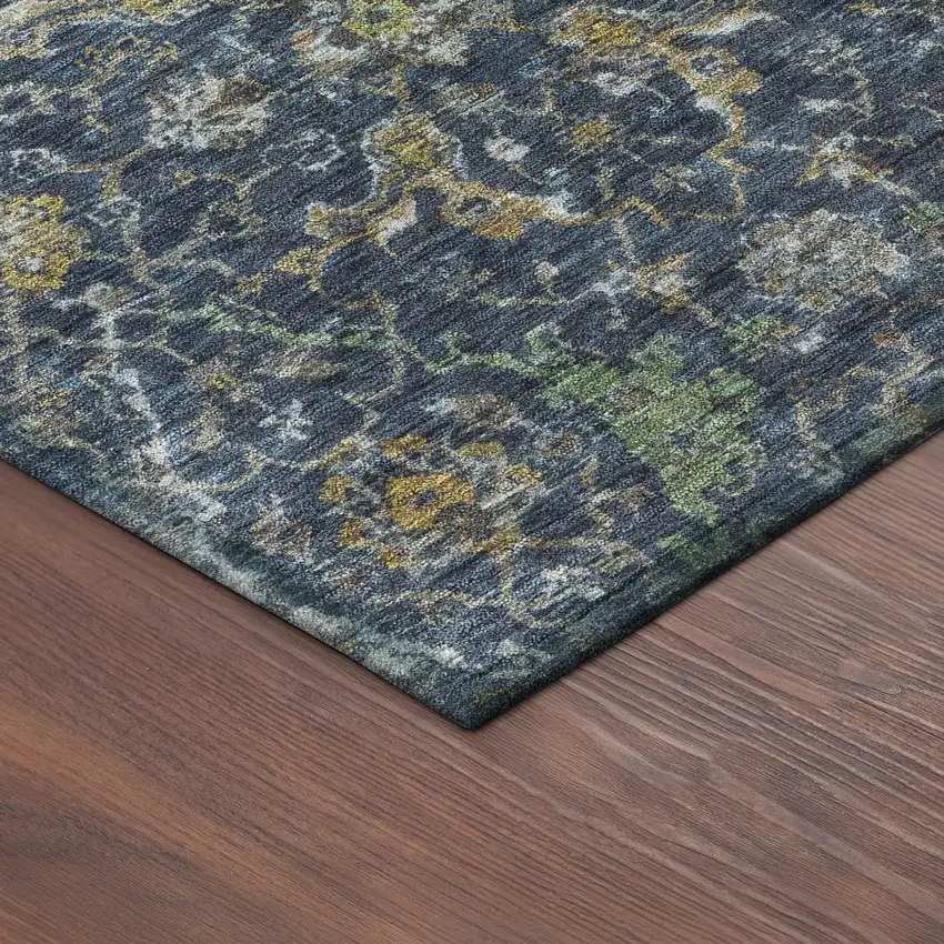 Navy Blue And Gray Damask Washable Indoor Outdoor Area Rug Photo 9