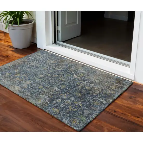 Navy Blue And Gray Damask Washable Indoor Outdoor Area Rug Photo 1
