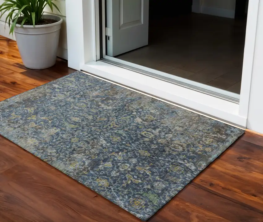 Navy Blue And Gray Damask Washable Indoor Outdoor Area Rug Photo 1