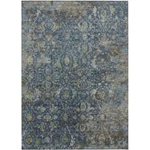 Photo of Navy Blue And Gray Damask Washable Indoor Outdoor Area Rug