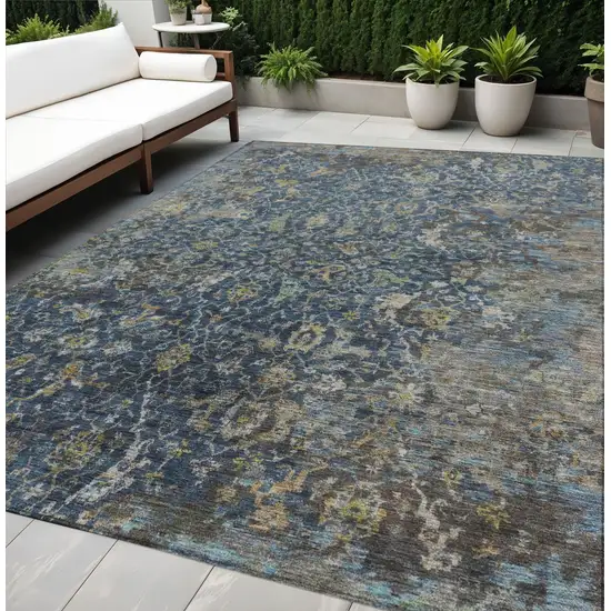 Navy Blue And Gray Damask Washable Indoor Outdoor Area Rug Photo 1