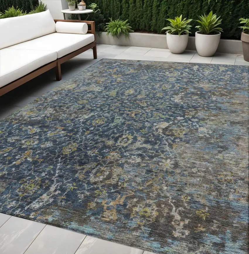 Navy Blue And Gray Damask Washable Indoor Outdoor Area Rug Photo 1