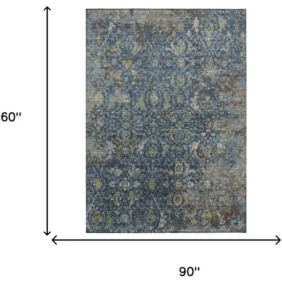 Navy Blue And Gray Damask Washable Indoor Outdoor Area Rug Photo 8