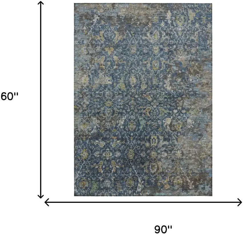 Navy Blue And Gray Damask Washable Indoor Outdoor Area Rug Photo 8