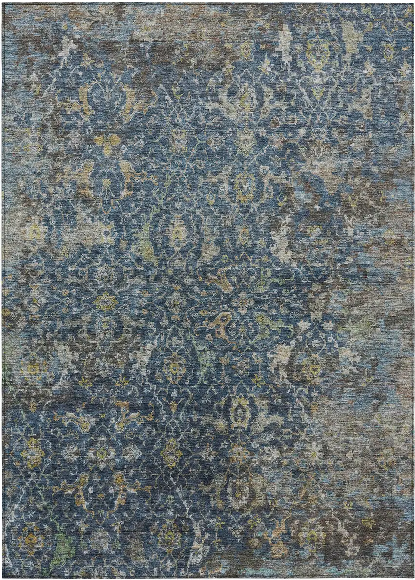 Navy Blue And Gray Damask Washable Indoor Outdoor Area Rug Photo 8