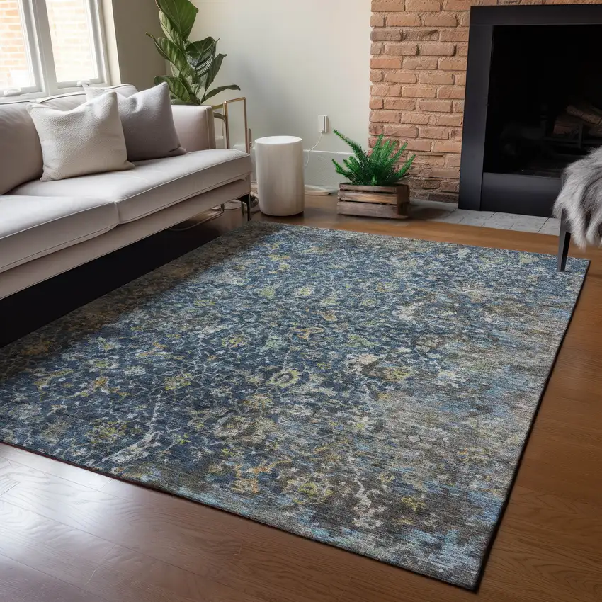 Navy Blue And Gray Damask Washable Indoor Outdoor Area Rug Photo 5