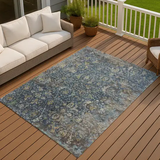 Navy Blue And Gray Damask Washable Indoor Outdoor Area Rug Photo 3