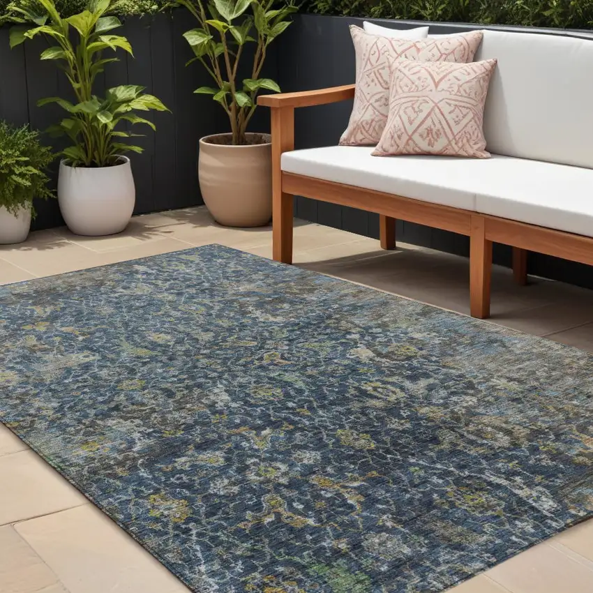 Navy Blue And Gray Damask Washable Indoor Outdoor Area Rug Photo 1