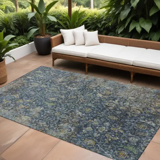 Navy Blue And Gray Damask Washable Indoor Outdoor Area Rug Photo 1