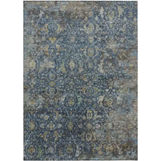 Navy Blue And Gray Damask Washable Indoor Outdoor Area Rug Photo 7