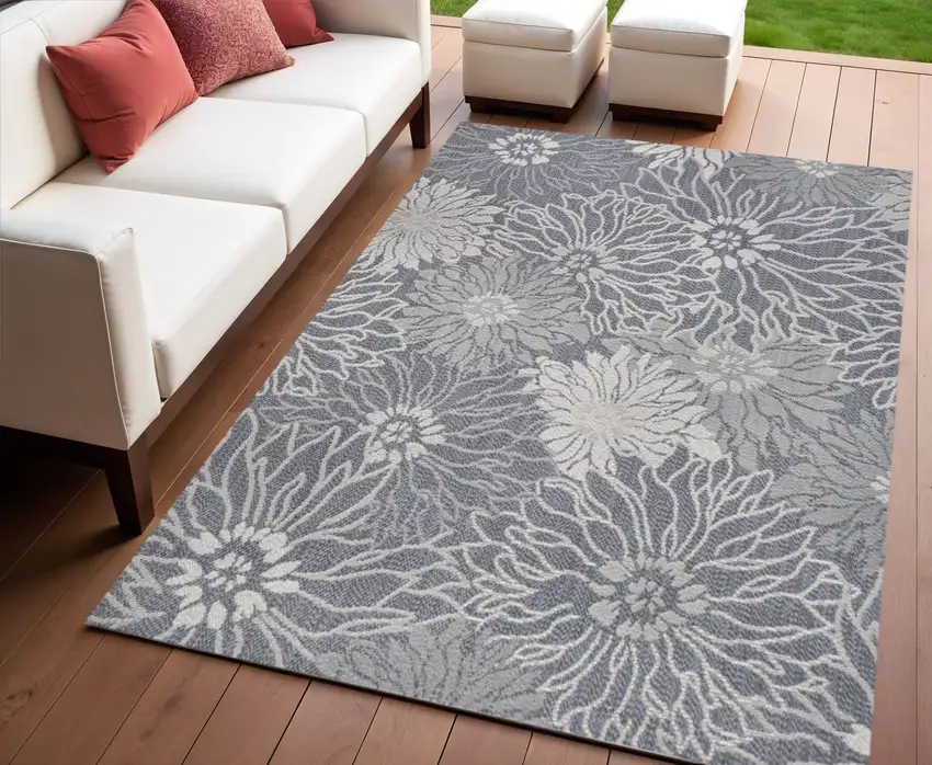 Navy Blue And Gray Floral Indoor Outdoor Area Rug Photo 1