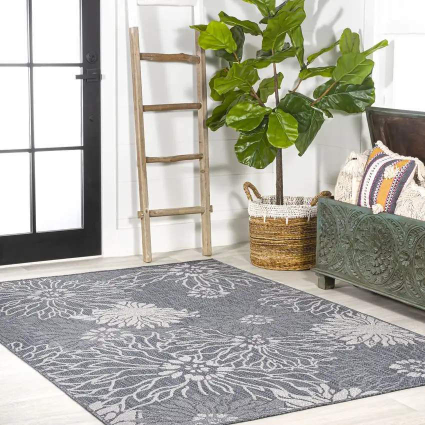 Navy Blue And Gray Floral Indoor Outdoor Area Rug Photo 8