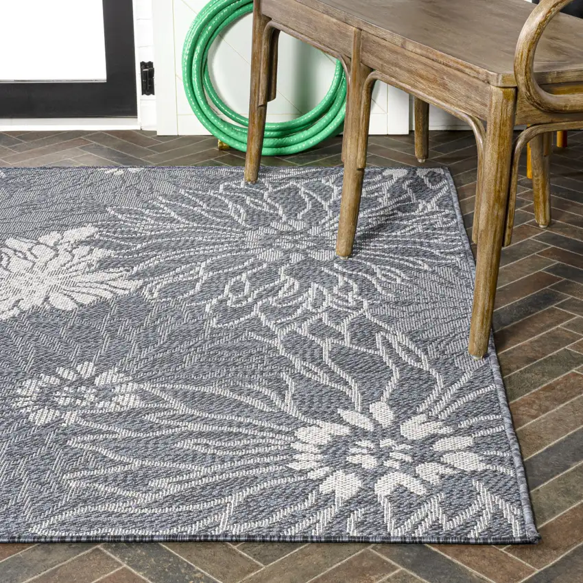 Navy Blue And Gray Floral Indoor Outdoor Area Rug Photo 9