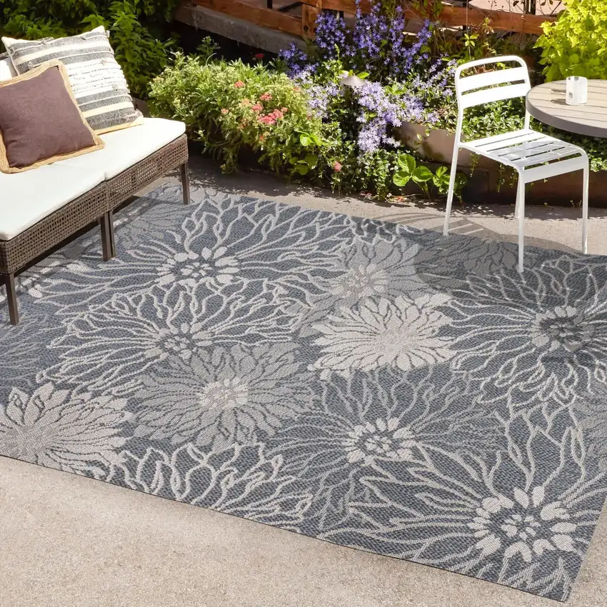 Navy Blue And Gray Floral Indoor Outdoor Area Rug Photo 9
