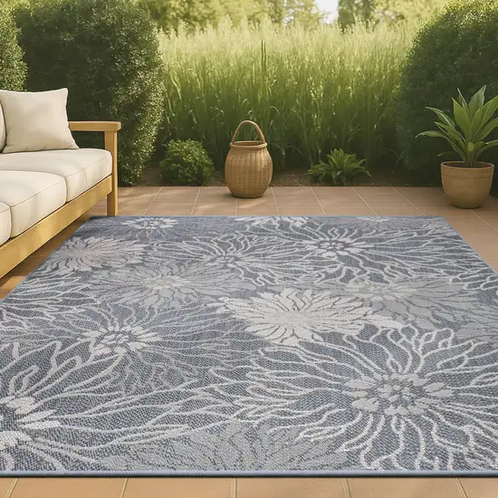 Navy Blue And Gray Floral Indoor Outdoor Area Rug Photo 4