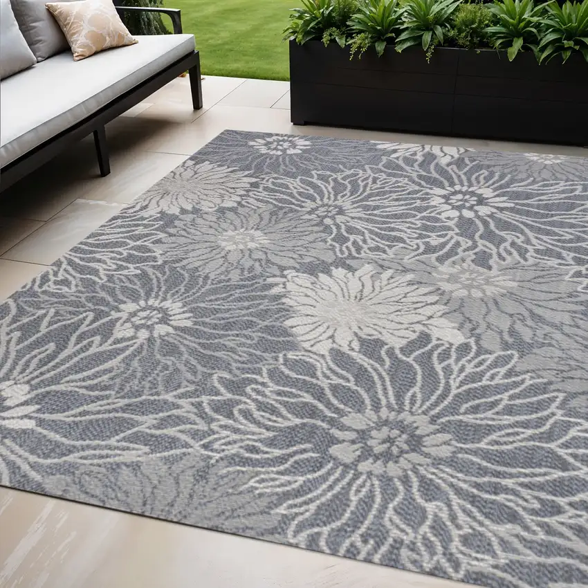 Navy Blue And Gray Floral Indoor Outdoor Area Rug Photo 1