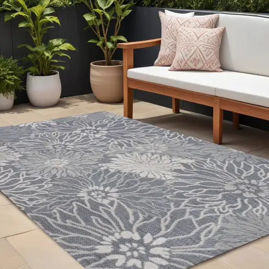 Navy Blue And Gray Floral Indoor Outdoor Area Rug Photo 1