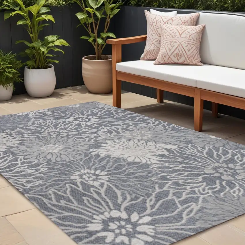Navy Blue And Gray Floral Indoor Outdoor Area Rug Photo 1