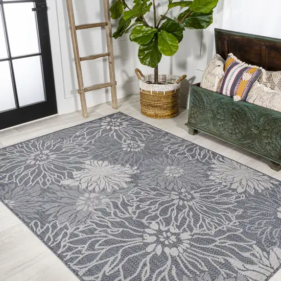Navy Blue And Gray Floral Indoor Outdoor Area Rug Photo 7