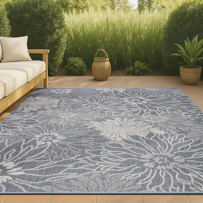 Navy Blue And Gray Floral Indoor Outdoor Area Rug Photo 4