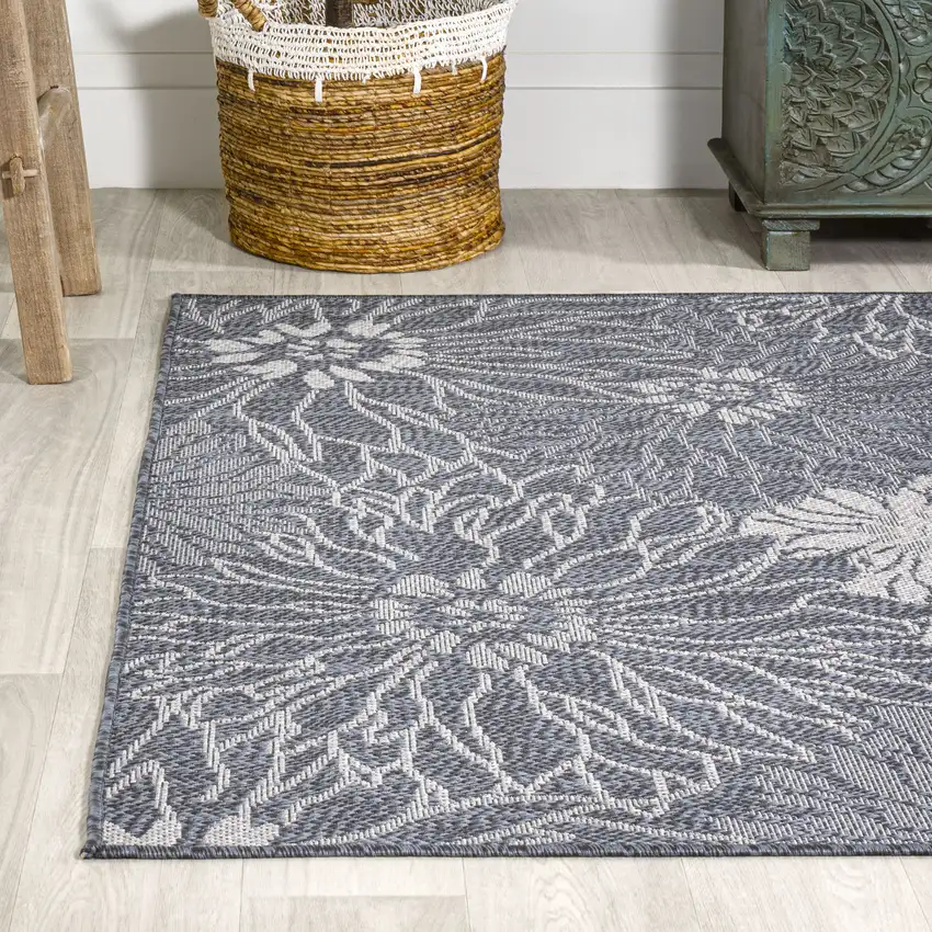 Navy Blue And Gray Floral Indoor Outdoor Area Rug Photo 6