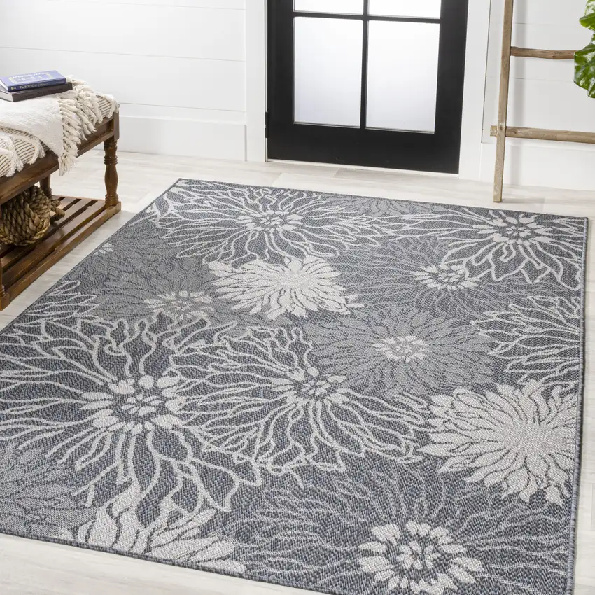 Navy Blue And Gray Floral Indoor Outdoor Area Rug Photo 5