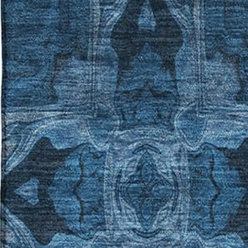 Navy Blue And Gray Floral Medallion Washable Area Rug With UV Protection Photo 3