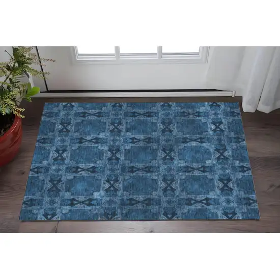 Navy Blue And Gray Floral Medallion Washable Area Rug With UV Protection Photo 2
