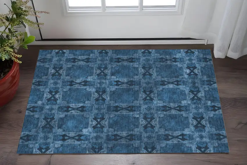 Navy Blue And Gray Floral Medallion Washable Area Rug With UV Protection Photo 2